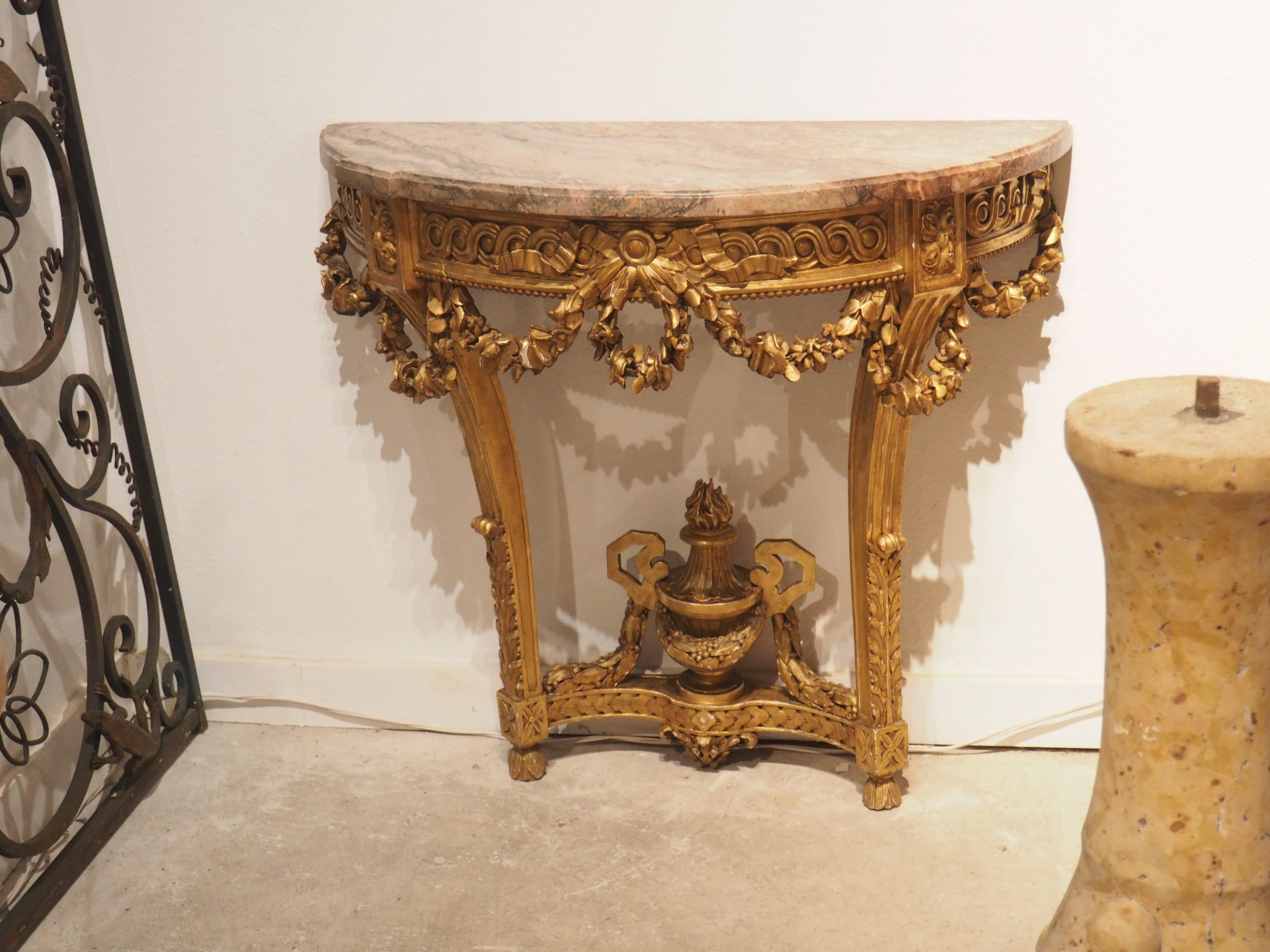 Antique Louis XVI Style Giltwood Console with Gray Rose Marble Top, c. 1860 For Sale 1