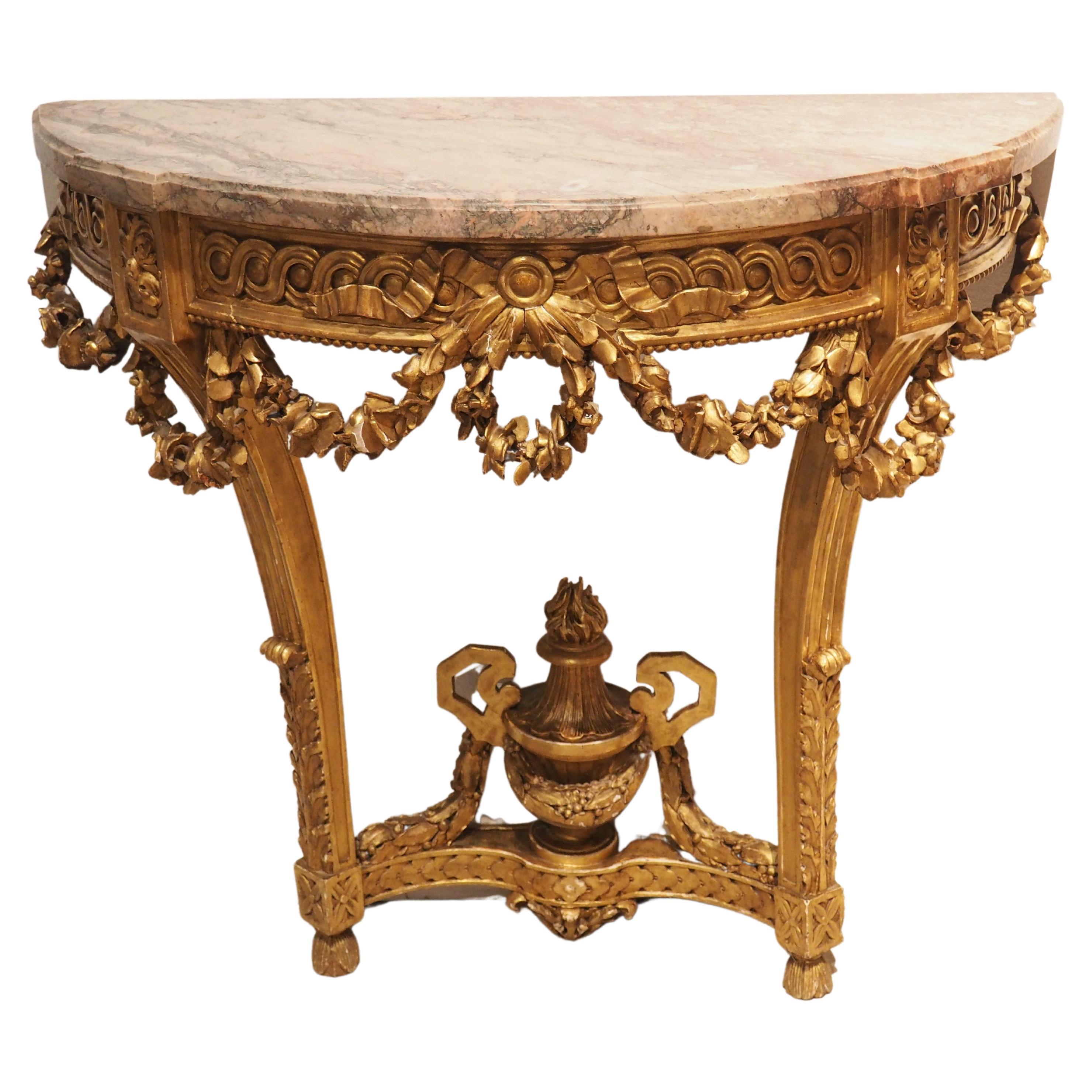 Antique Louis XVI Style Giltwood Console with Gray Rose Marble Top, c. 1860