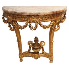 Antique Louis XVI Style Giltwood Console with Gray Rose Marble Top, c. 1860