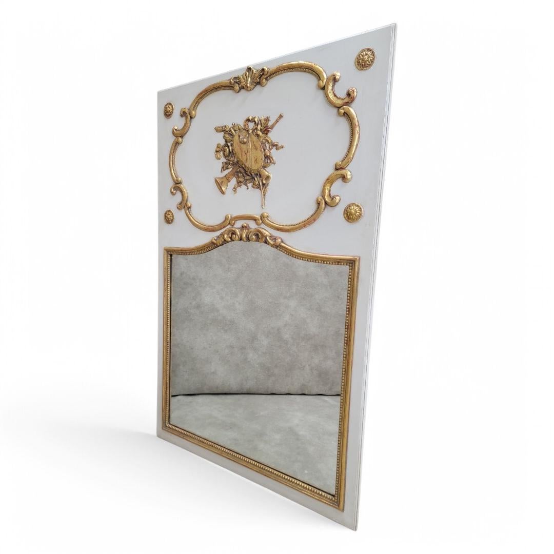 20th Century Antique Louis XVI Style Gold Gilded & White Painted French Trumeau Wall Mirror For Sale
