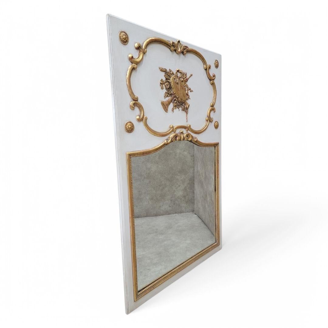 Antique Louis XVI Style Gold Gilded & White Painted French Trumeau Wall Mirror For Sale 2