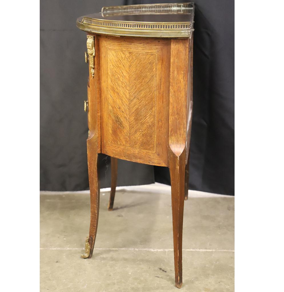 Brass Antique Louis XVI Style Mahogany Demilune Table With Glass Top and Gallery For Sale