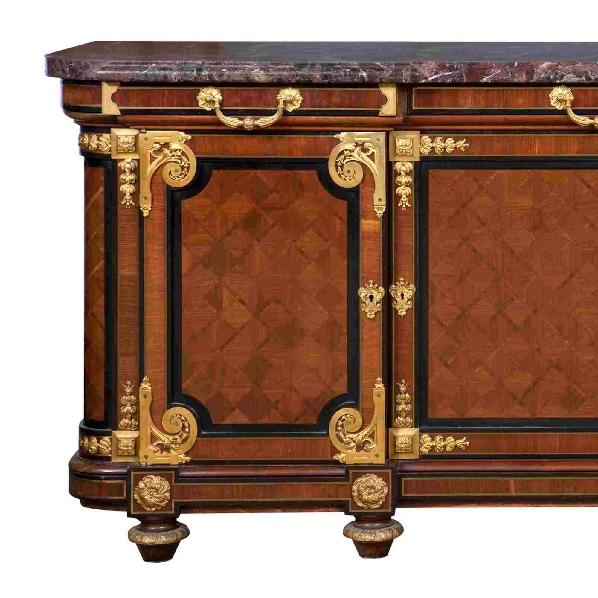 Antique Louis XVI style mahogany, Ormolu and marble cabinet by Mercier Frères,
French, 19th century
Height 98cm, width 223cm, depth 55cm

Standing on toupie feet, this cabinet is crafted from mahogany and is richly decorated with gilt bronze