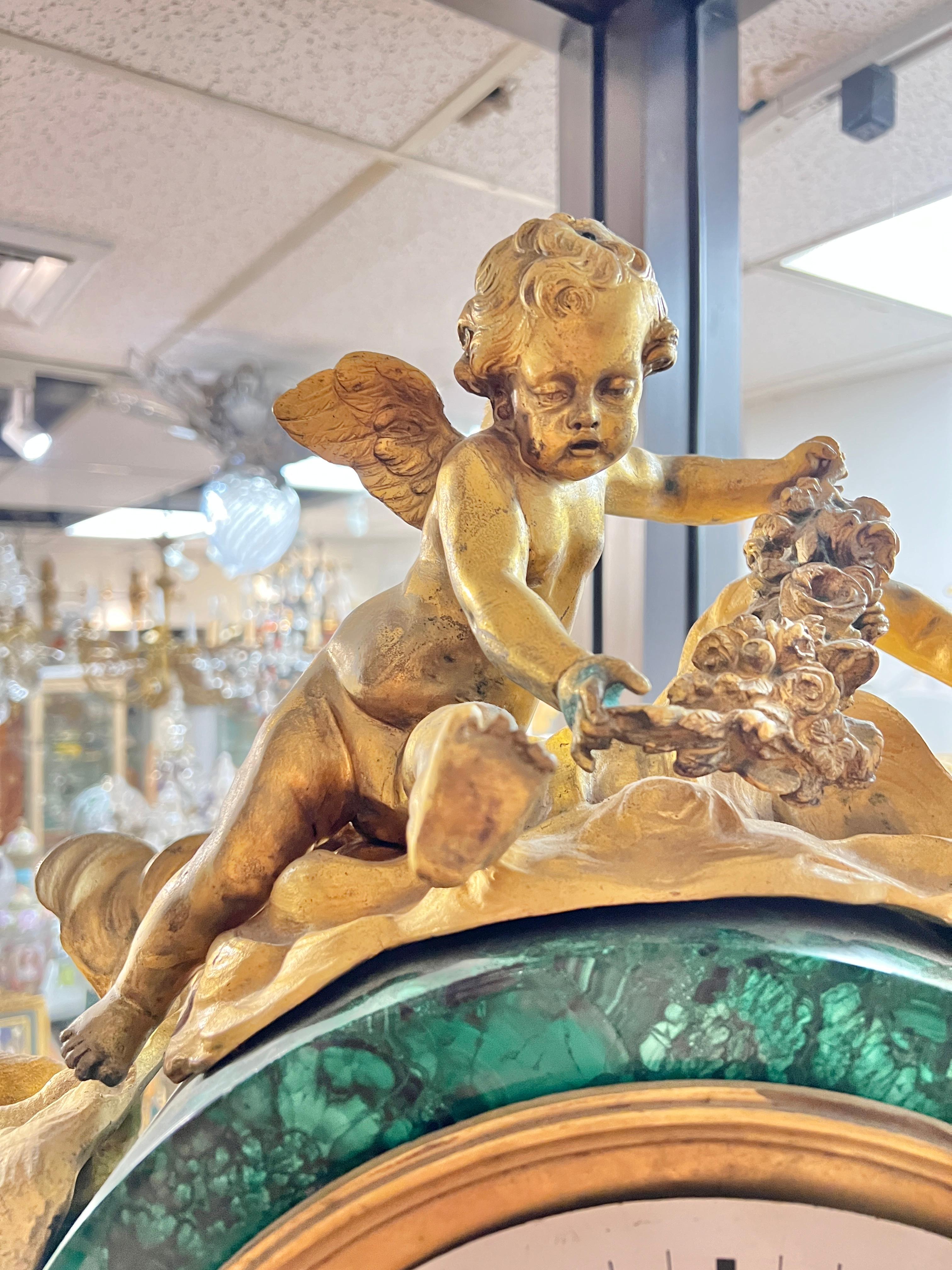 Antique Louis XVI Style Malachite Gilt Bronze Tallcase Clock After Riesener For Sale 5