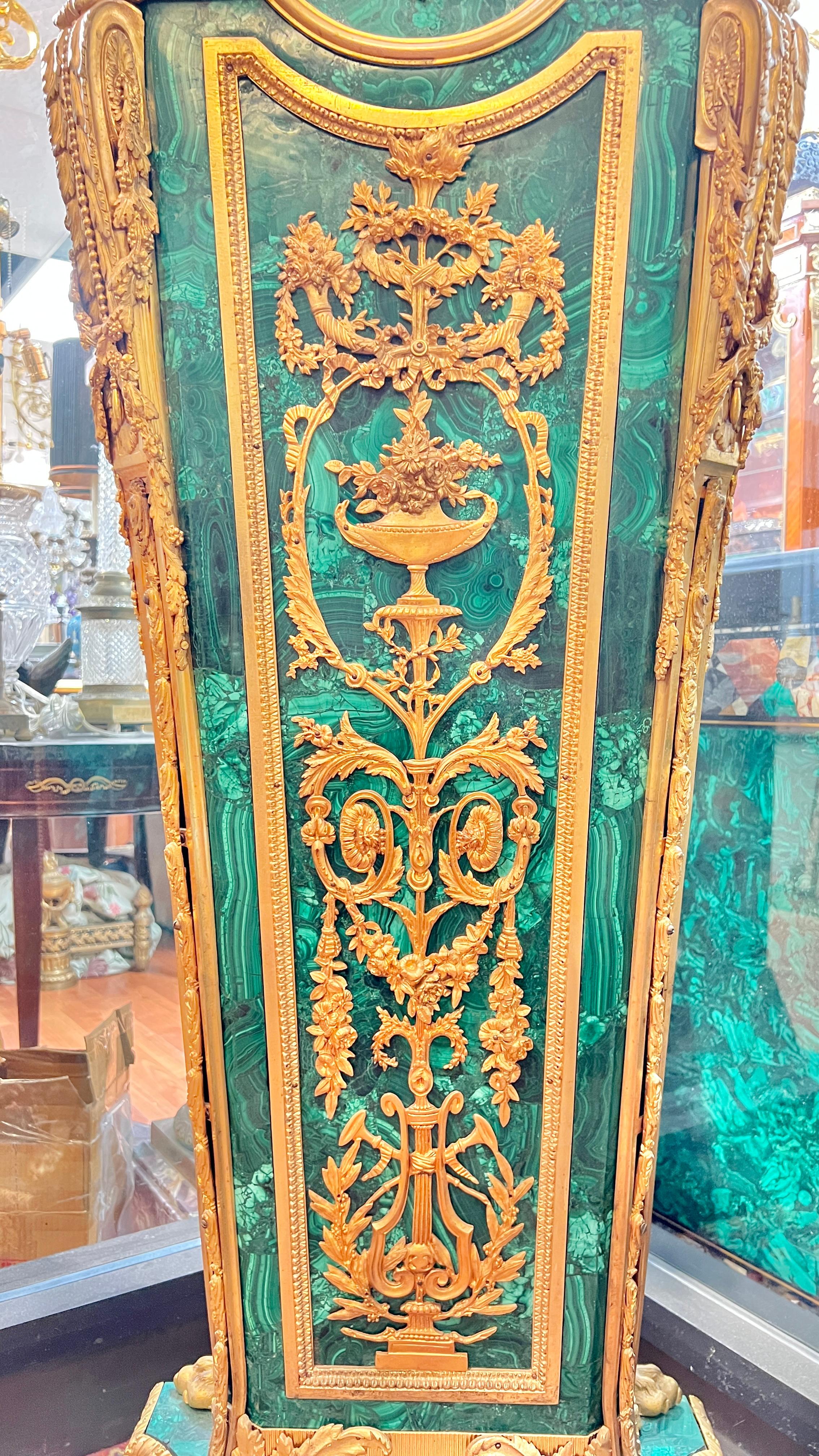 Antique Louis XVI Style Malachite Gilt Bronze Tallcase Clock After Riesener For Sale 11