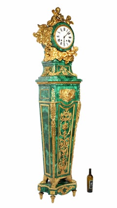 Antique Louis XVI Style Malachite Gilt Bronze Tallcase Clock After Riesener
