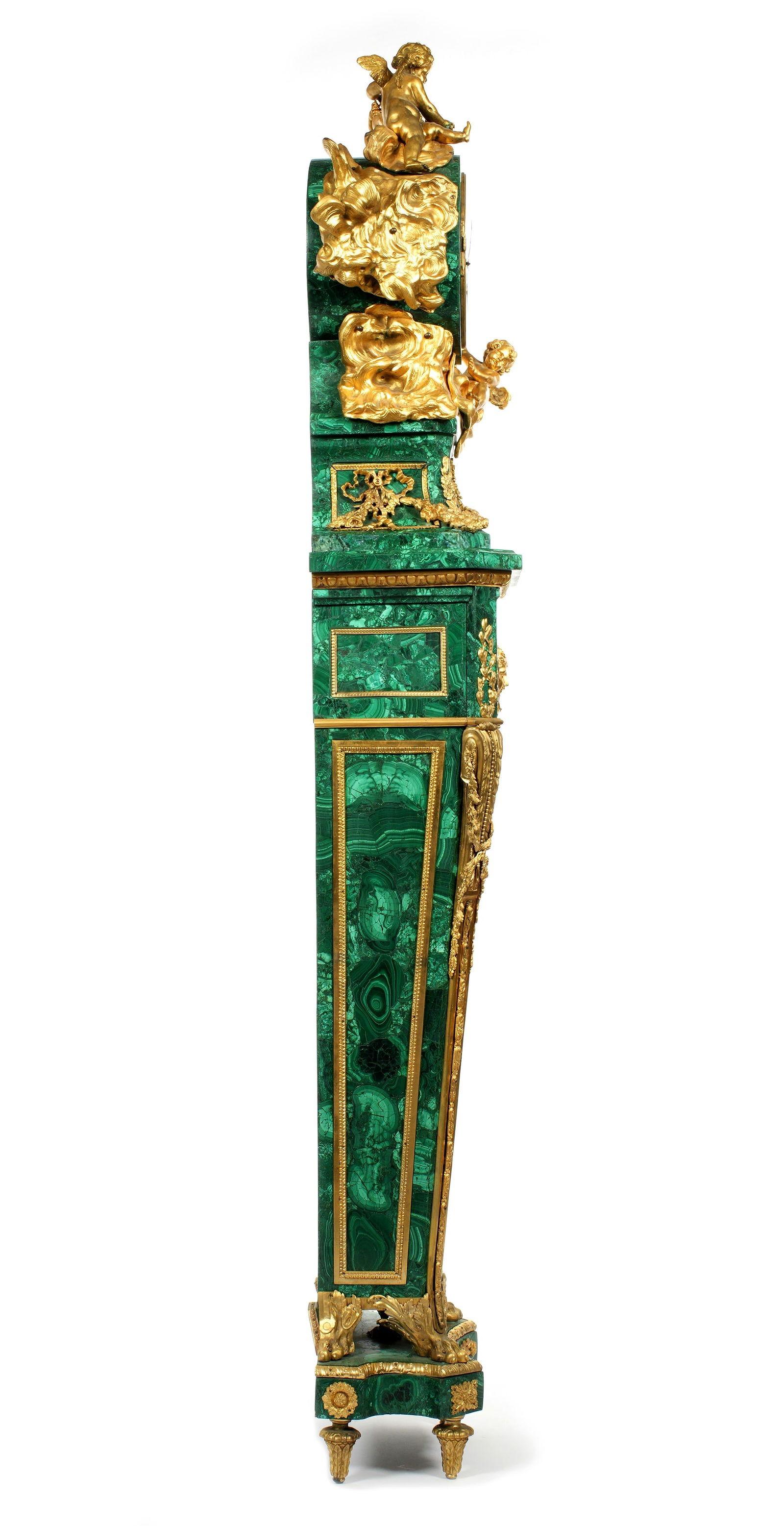 French Antique Louis XVI Style Malachite Gilt Bronze Tallcase Clock After Riesener For Sale