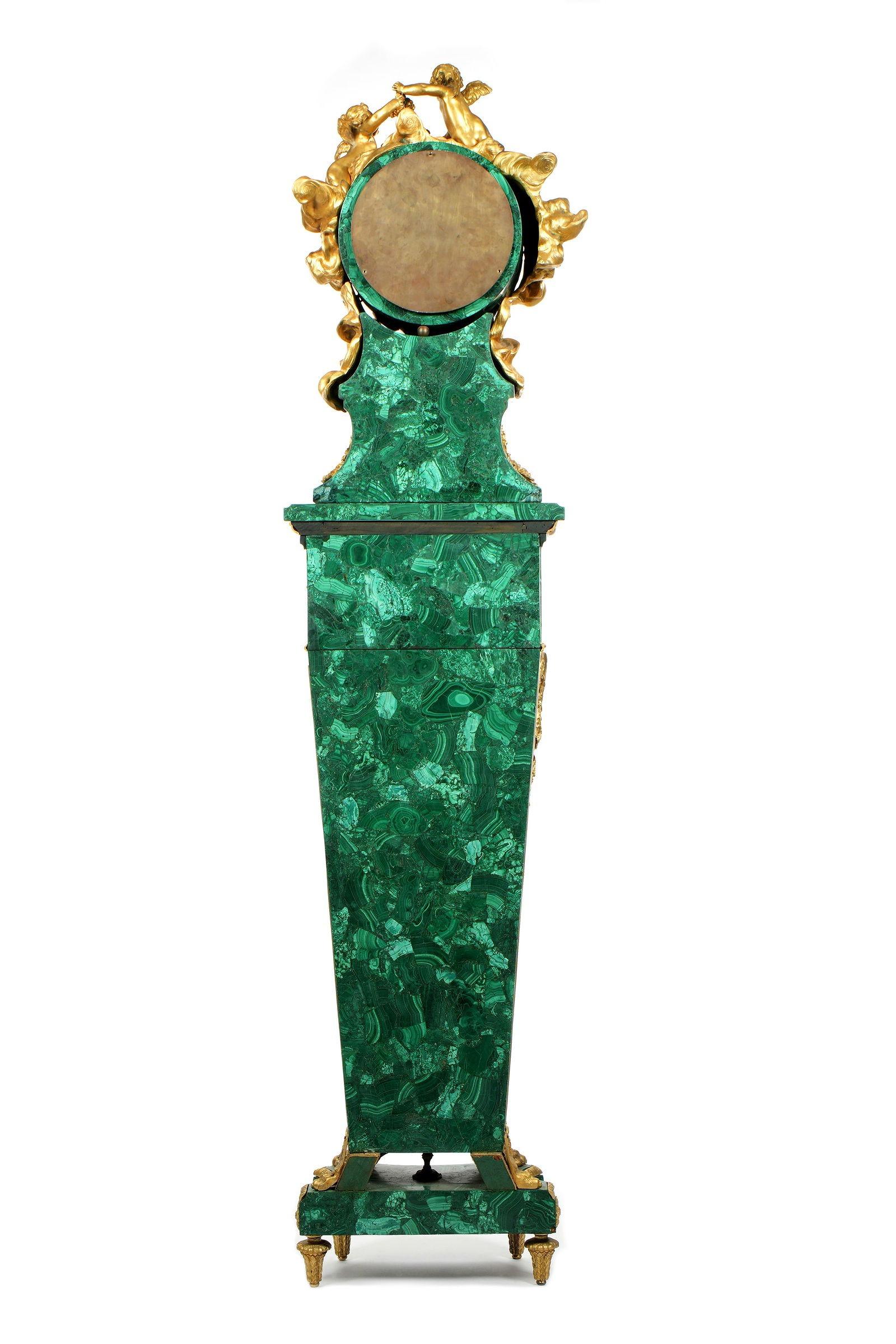 Antique Louis XVI Style Malachite Gilt Bronze Tallcase Clock After Riesener In Good Condition For Sale In New York, NY