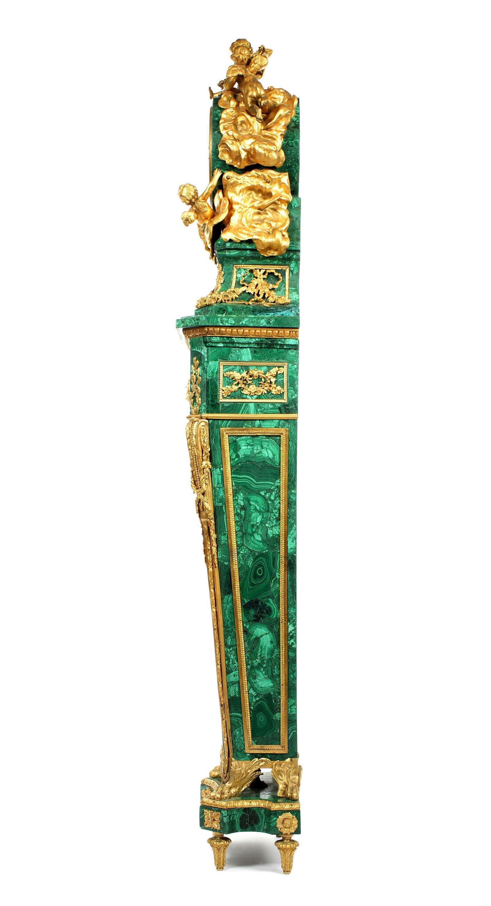 19th Century Antique Louis XVI Style Malachite Gilt Bronze Tallcase Clock After Riesener For Sale