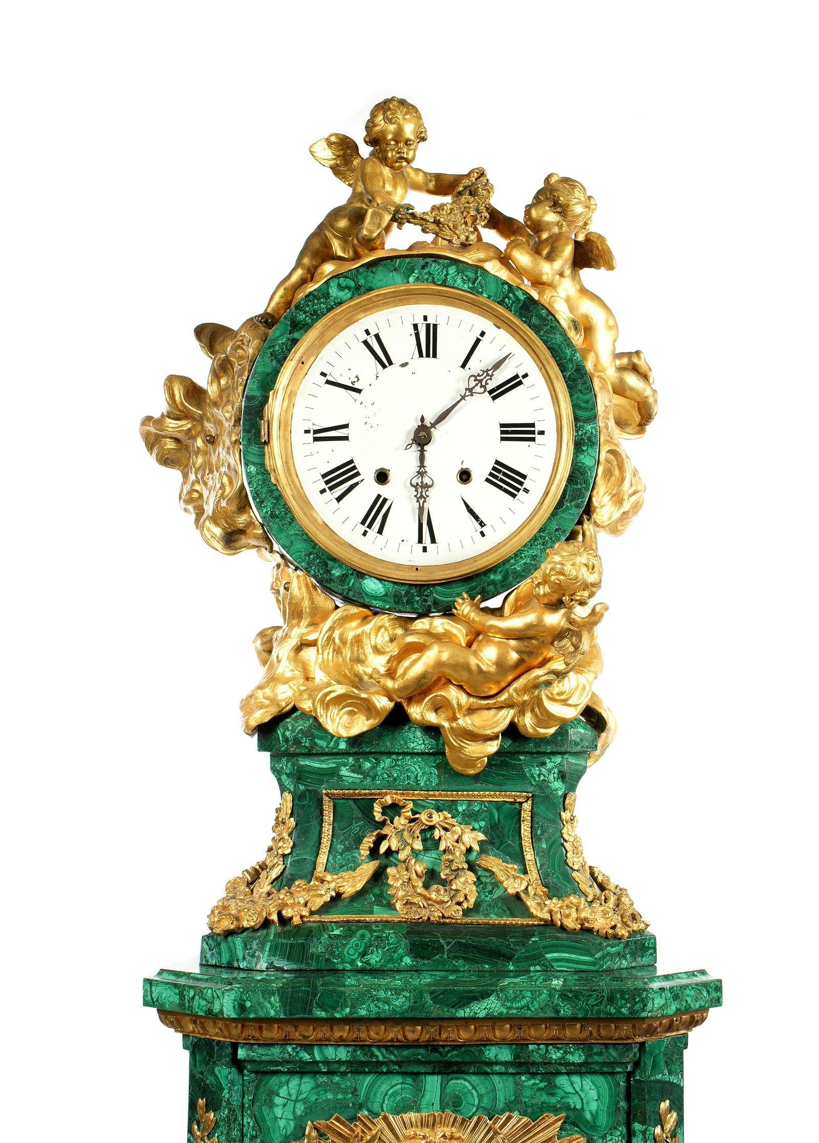 Antique Louis XVI Style Malachite Gilt Bronze Tallcase Clock After Riesener For Sale 1