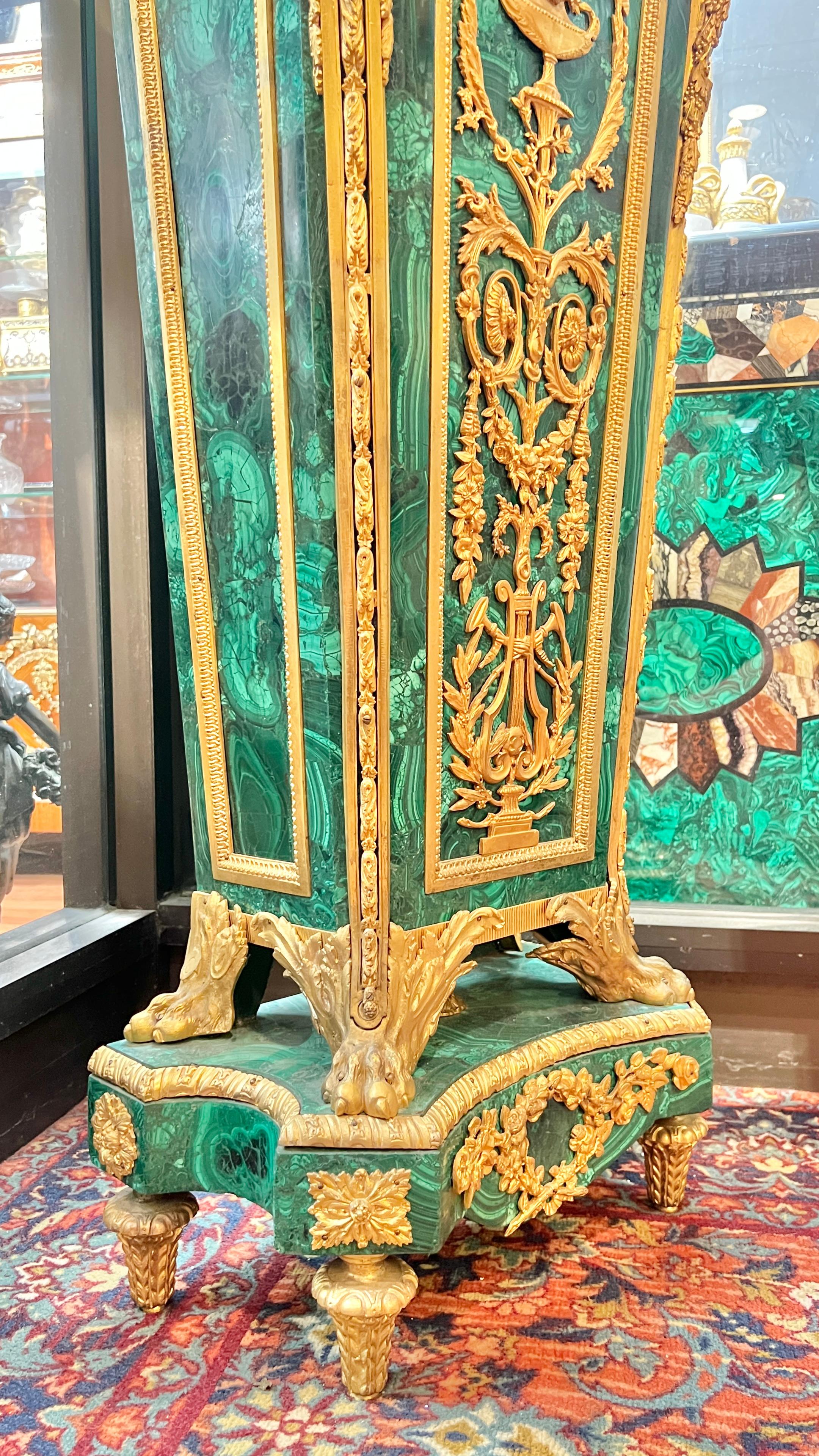 Antique Louis XVI Style Malachite Gilt Bronze Tallcase Clock After Riesener For Sale 2