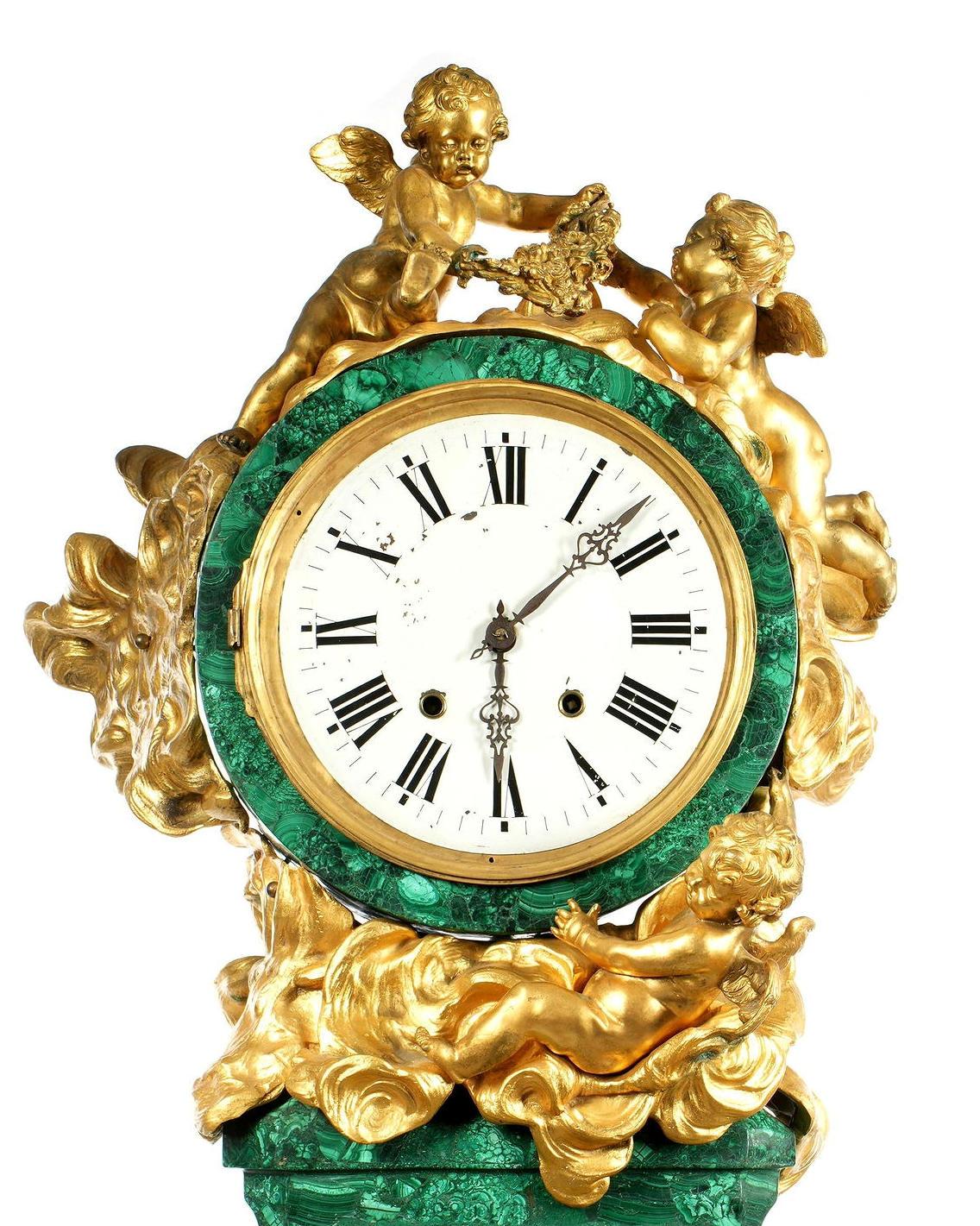 Antique Louis XVI Style Malachite Gilt Bronze Tallcase Clock After