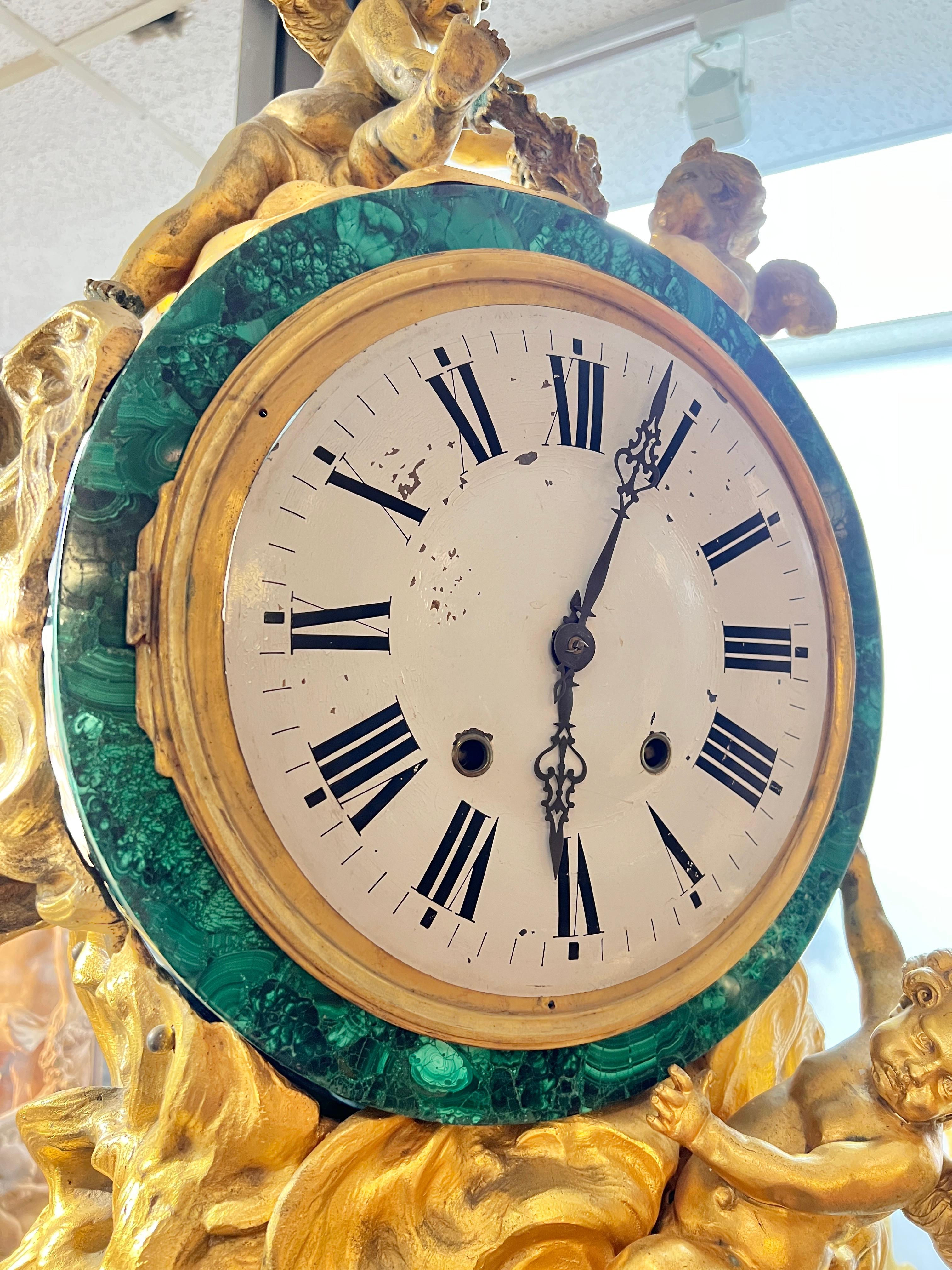 Antique Louis XVI Style Malachite Gilt Bronze Tallcase Clock After Riesener For Sale 3