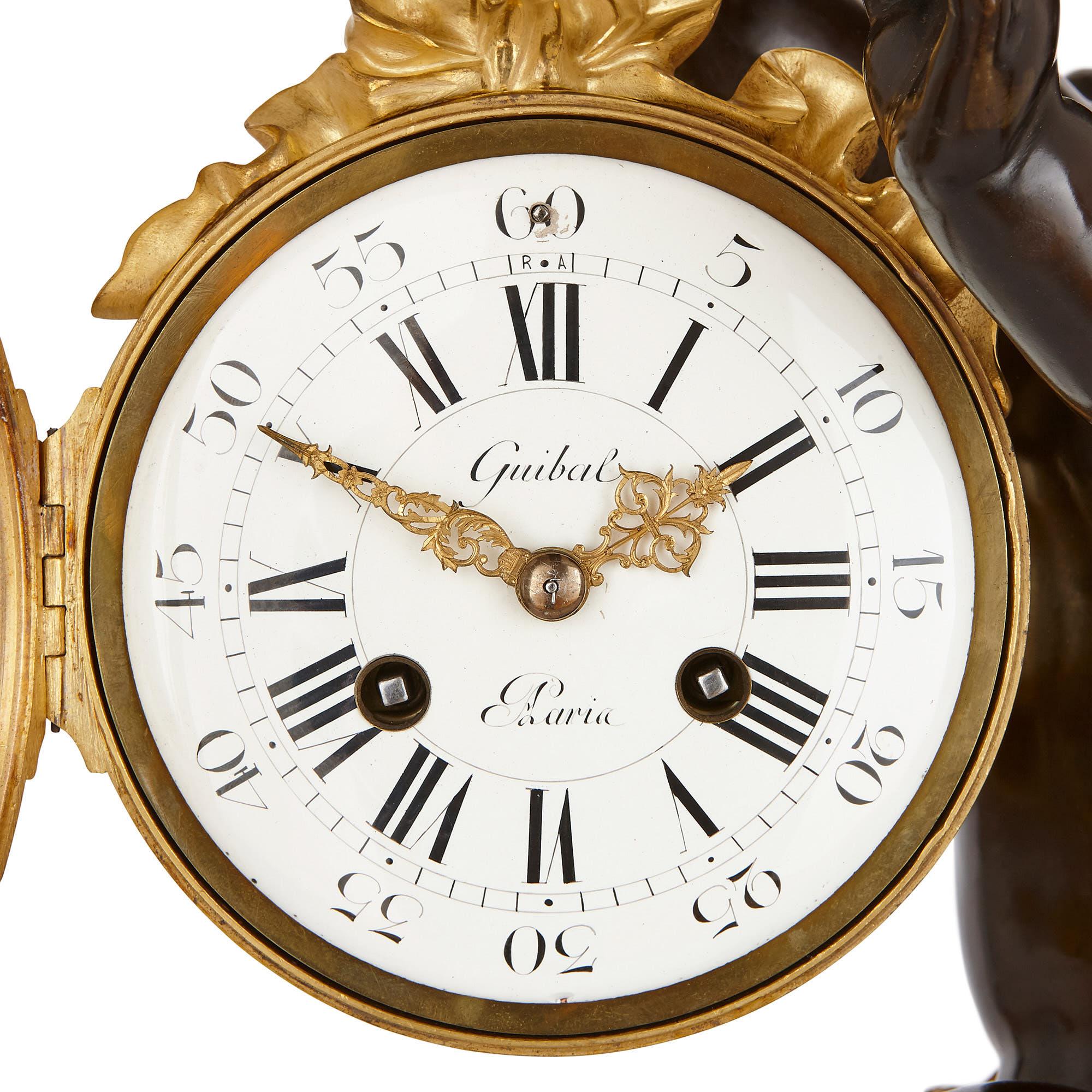 Antike Uhrenserie aus Marmor, vergoldeter und patinierter Bronze im Louis-XVI.-Stil (Louis XVI.) im Angebot