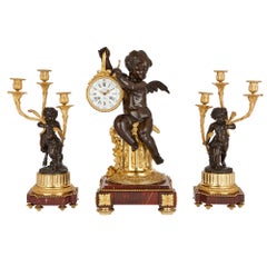 Antique Louis XVI Style Marble, Gilt and Patinated Bronze Clock Set