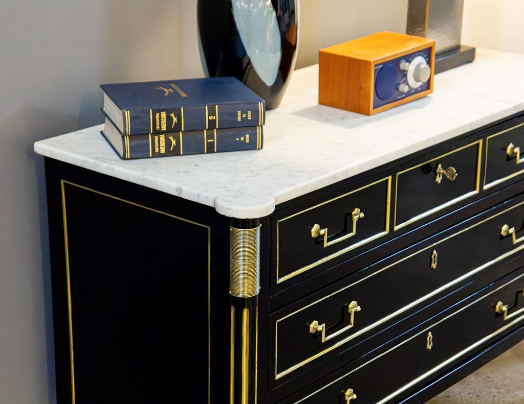 Mid-20th Century Antique Louis XVI Style Marble Top Commode in Black For Sale