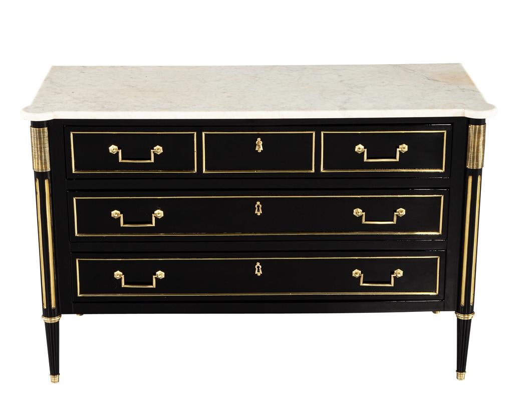 Brass Antique Louis XVI Style Marble Top Commode in Black For Sale