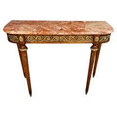 Antique Louis XVI Style Marble Top Walnut 
Brass Console Table 1930s
