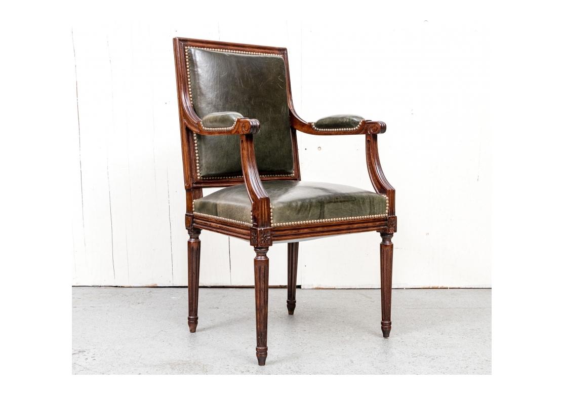 Diminutive Antique Louis XVI Style Olive Green Leather Arm Chair For Sale 9