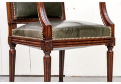 Diminutive Antique Louis XVI Style Olive Green Leather Arm Chair