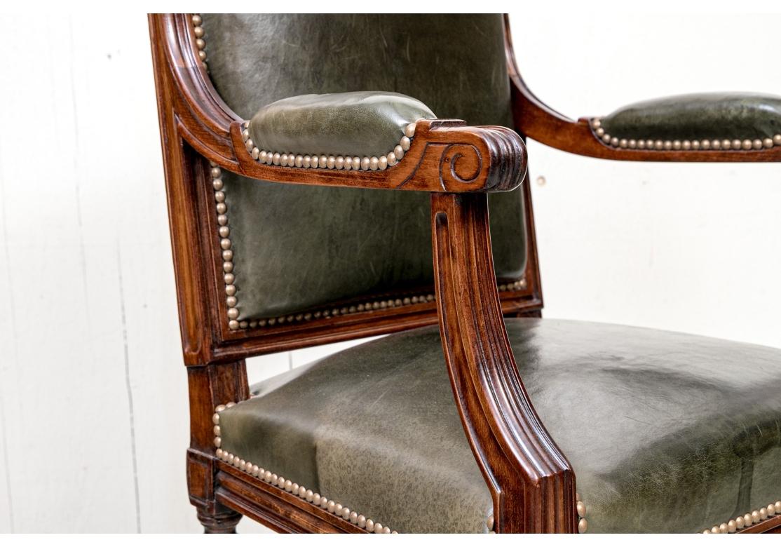 Diminutive Antique Louis XVI Style Olive Green Leather Arm Chair In Fair Condition For Sale In Bridgeport, CT