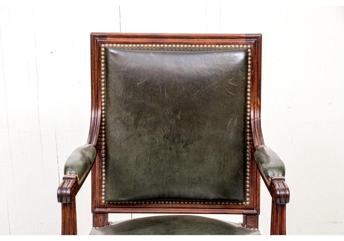 Diminutive Antique Louis XVI Style Olive Green Leather Arm Chair For Sale 2