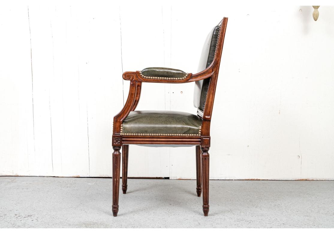 Diminutive Antique Louis XVI Style Olive Green Leather Arm Chair For Sale 3