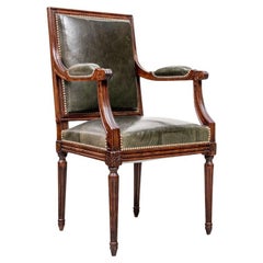 Antique Louis XVI Style Olive Green Leather Arm Chair