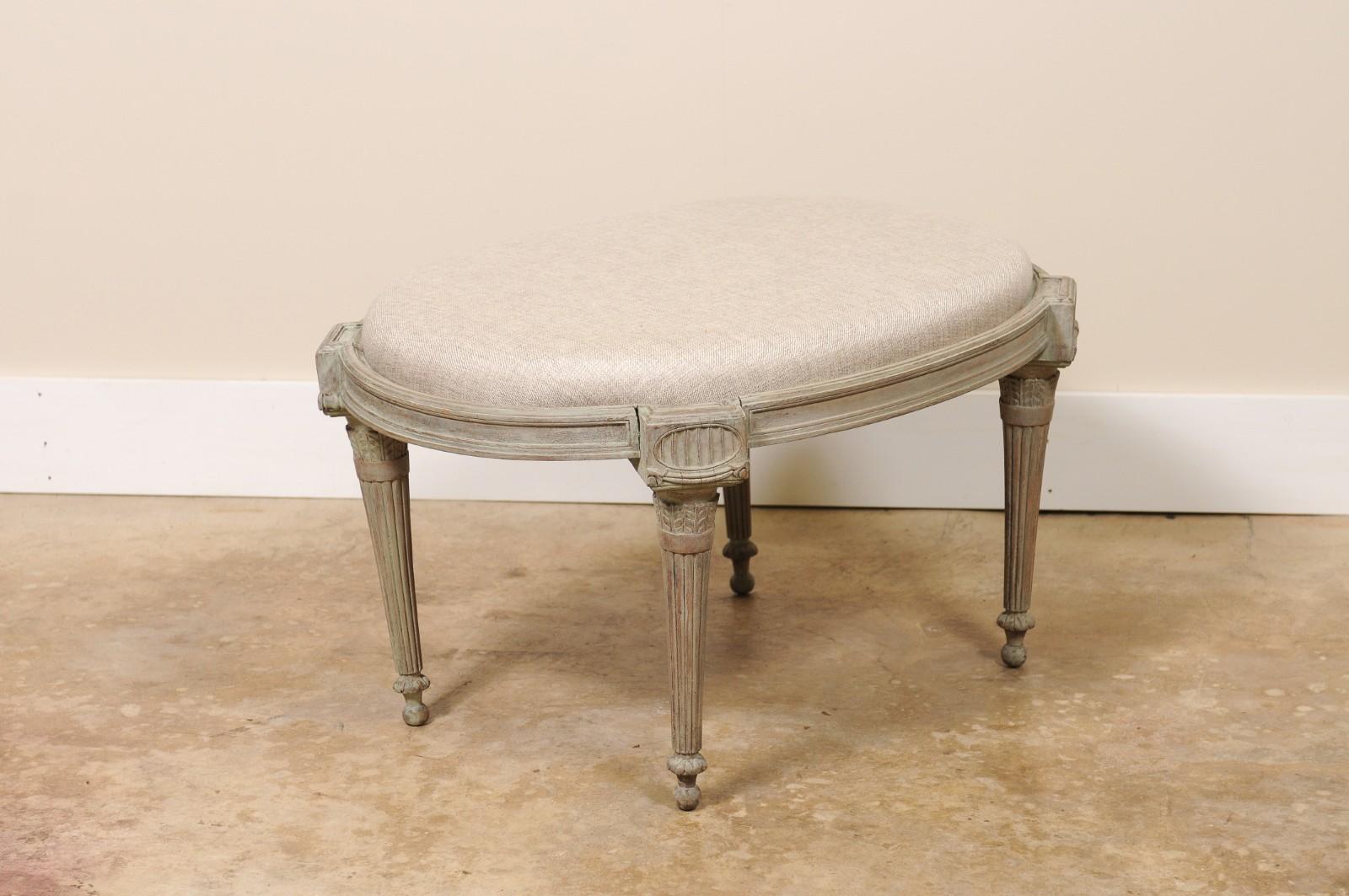 Antique Louis XVI Style Oval Painted Stool or Ottoman Tela en venta
