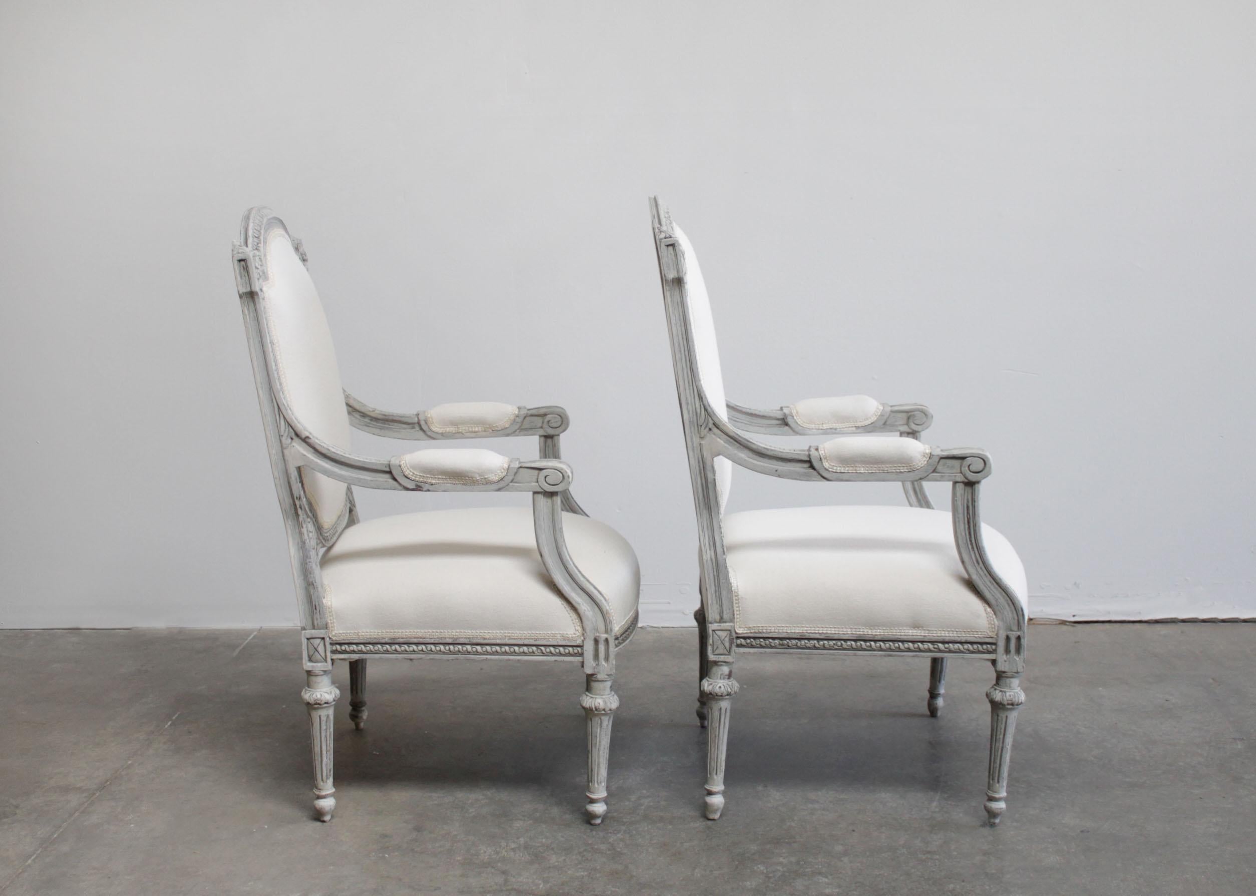 Antique Louis XVI Style Painted and Upholstered Carved Open Armchairs In Good Condition In Brea, CA
