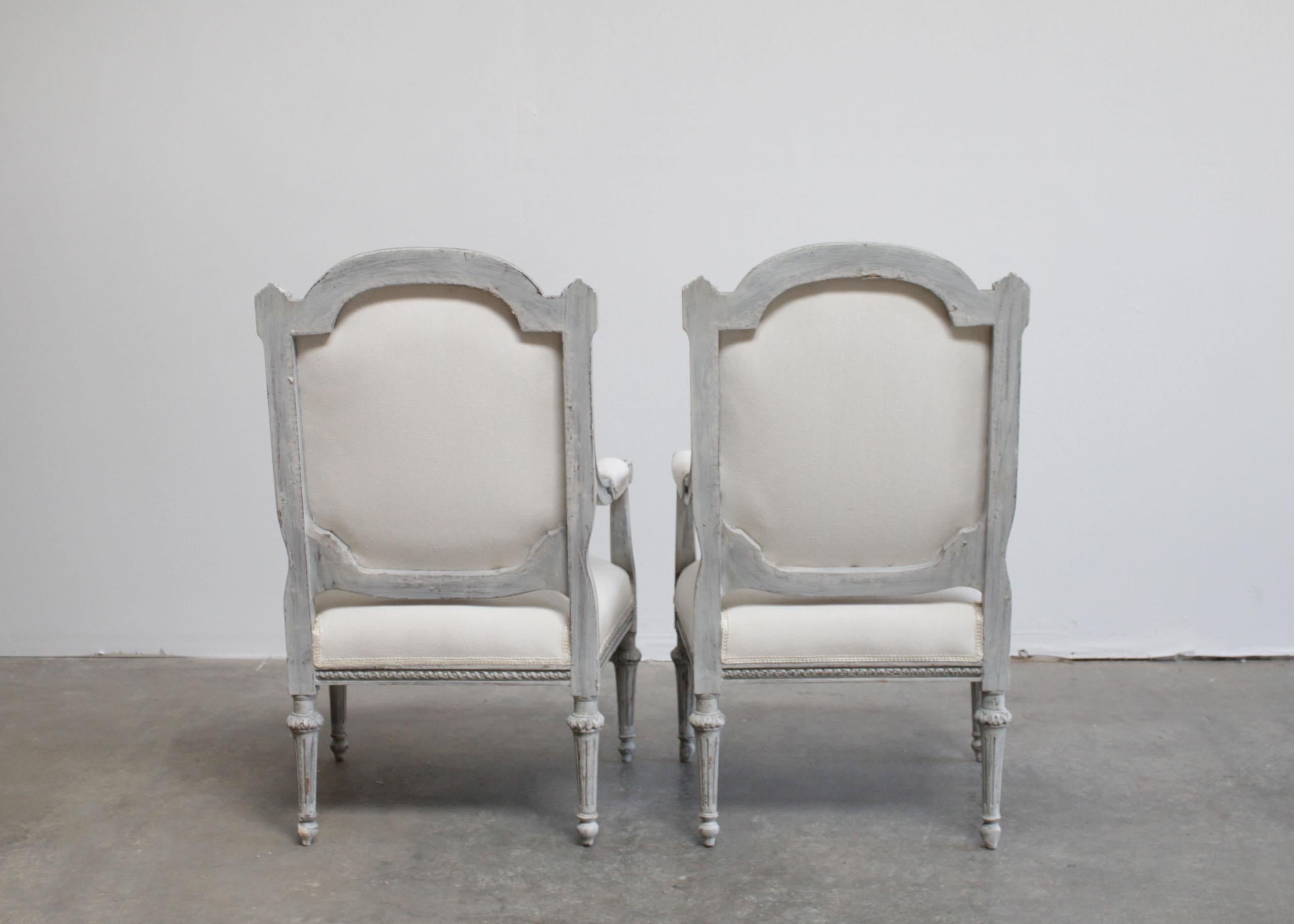 20th Century Antique Louis XVI Style Painted and Upholstered Carved Open Armchairs