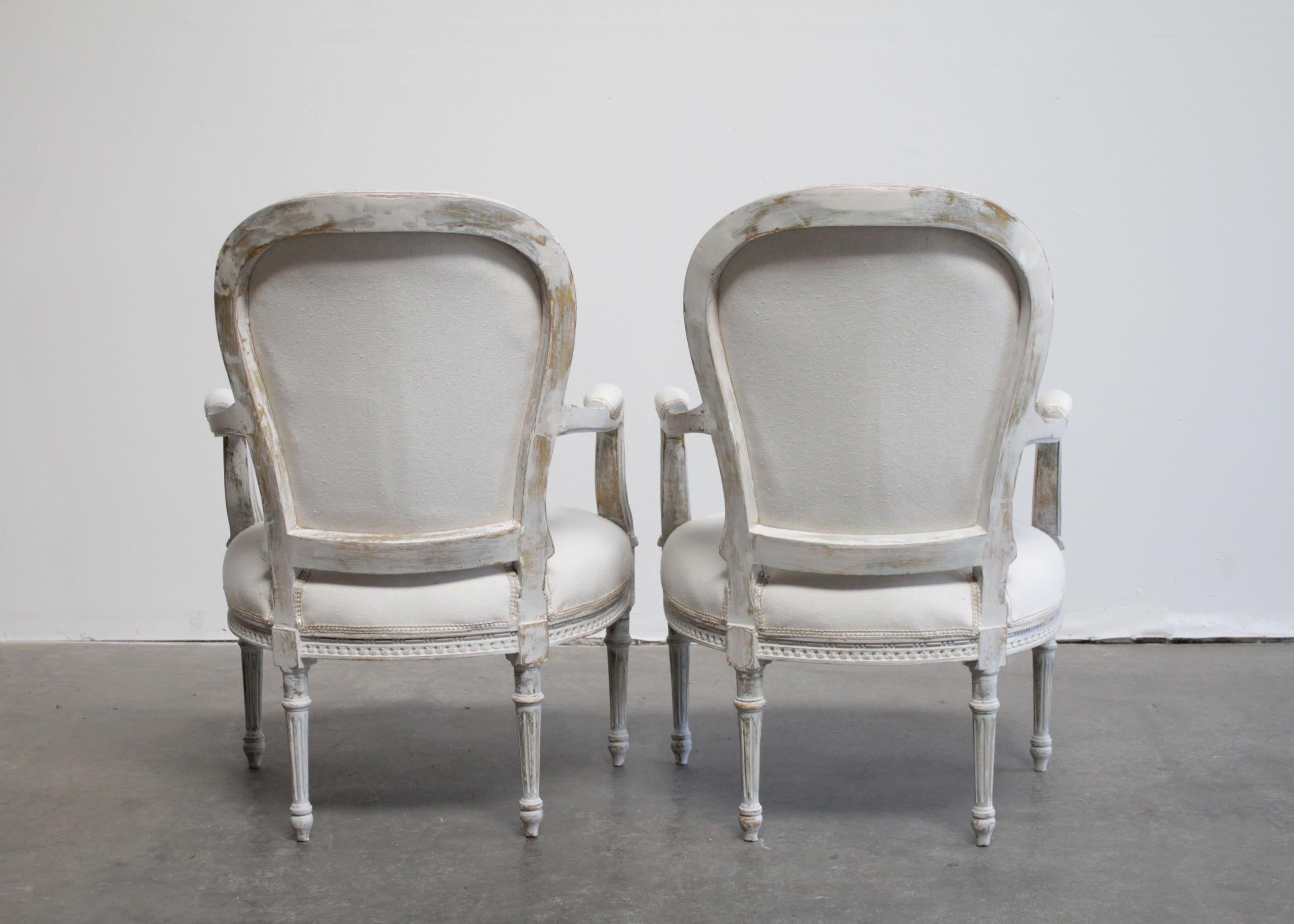 Antique Louis XVI Style Painted and Upholstered Carved Open Armchairs In Good Condition In Brea, CA