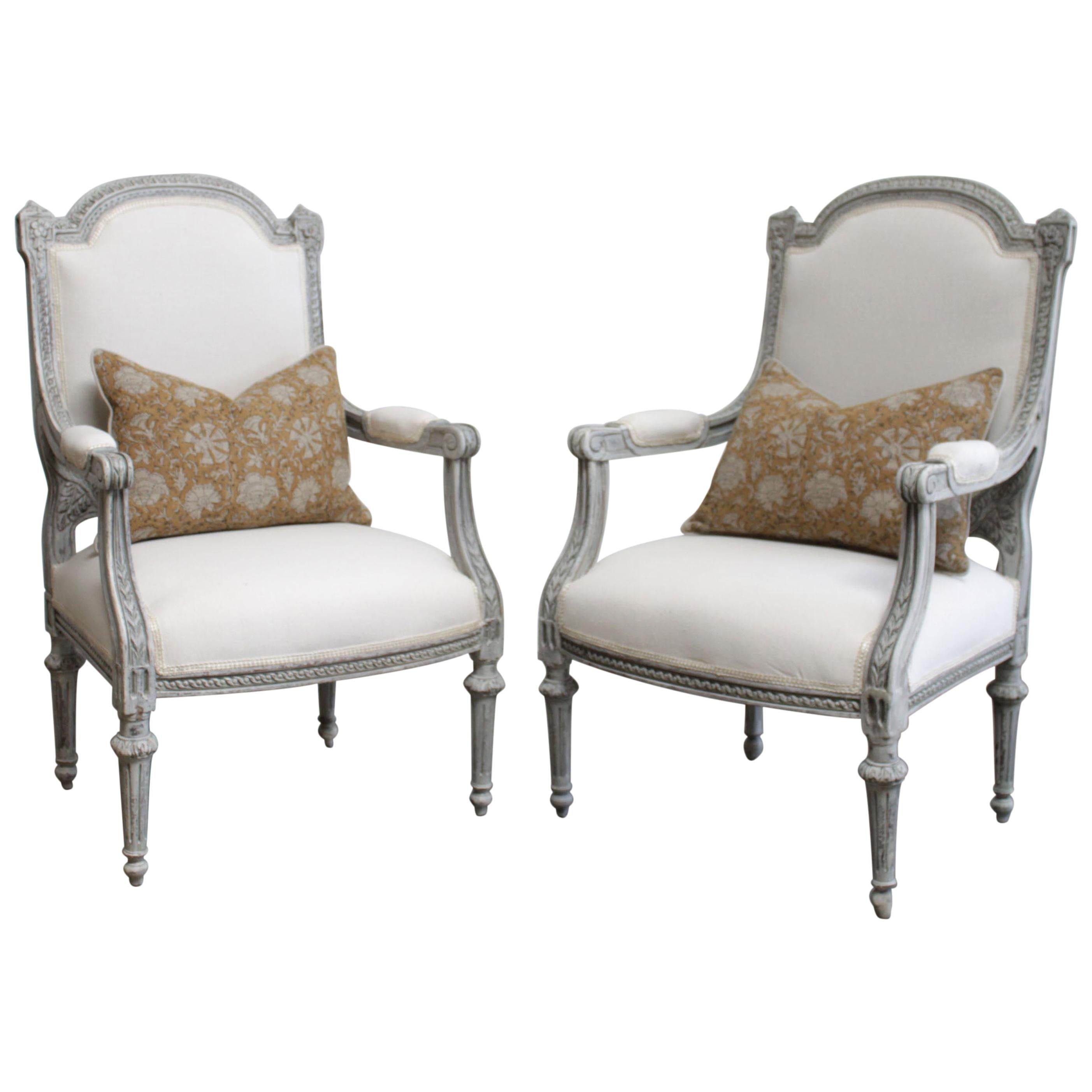 Antique Louis XVI Style Painted and Upholstered Carved Open Armchairs