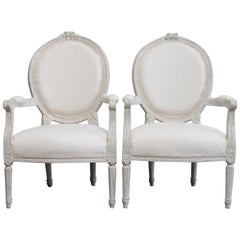 Antique Louis XVI Style Painted and Upholstered Carved Open Armchairs