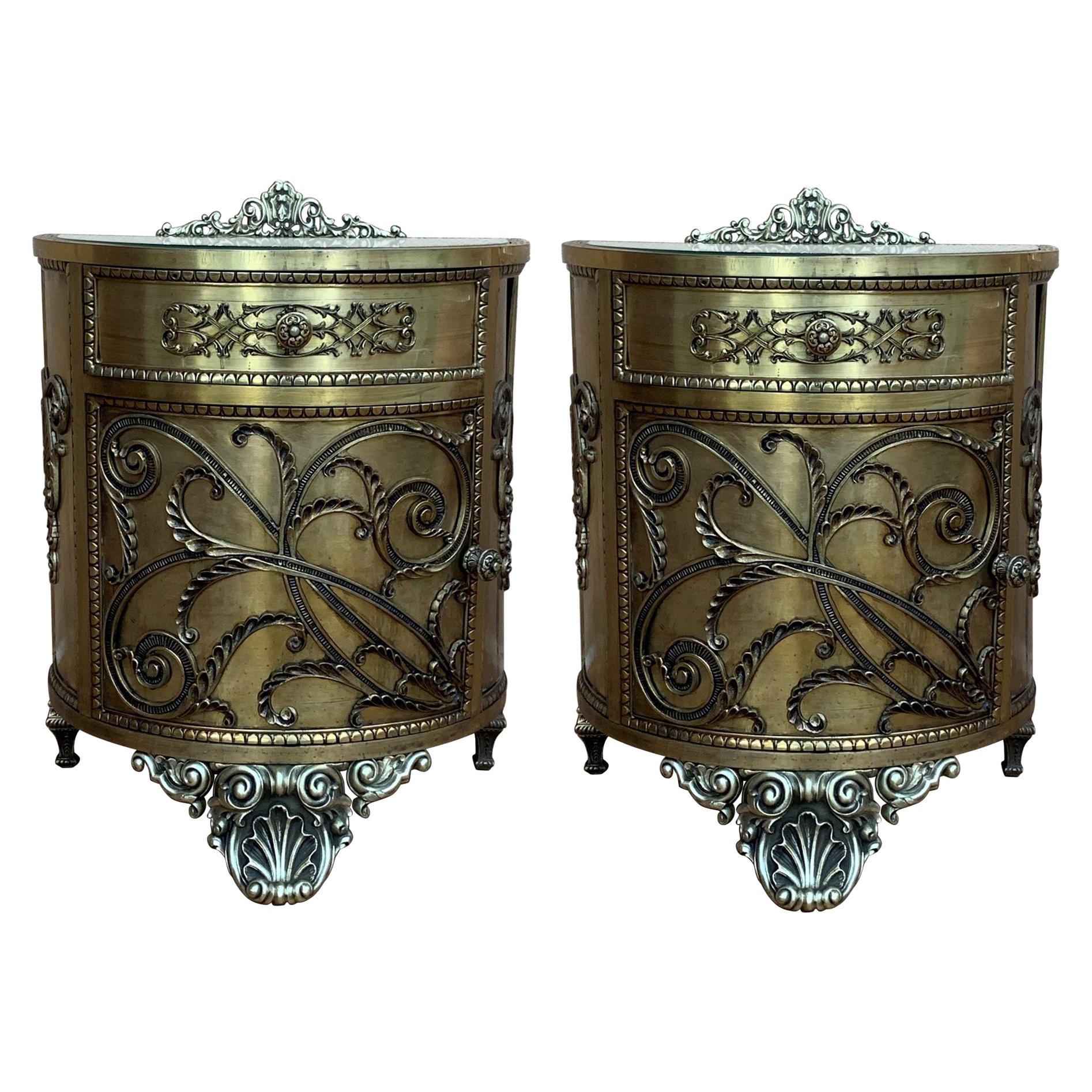 Antique Louis XVI Style Pair of Bronze / Brass Vitrine Cabinets or Nightstands