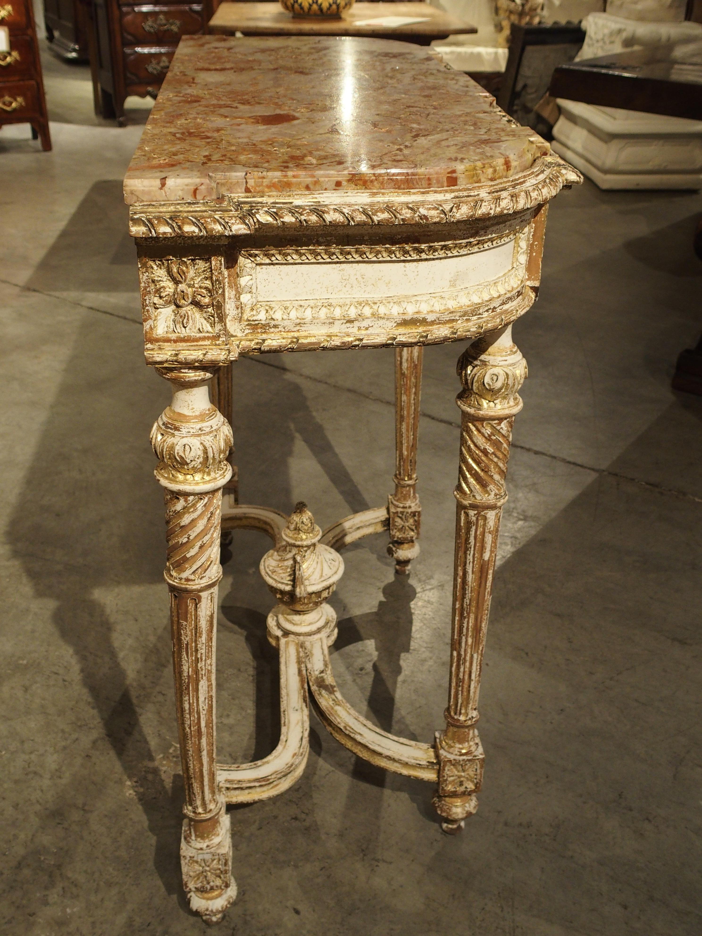 Marble Antique Louis XVI Style Parcel Paint Console Table from France, circa 1870