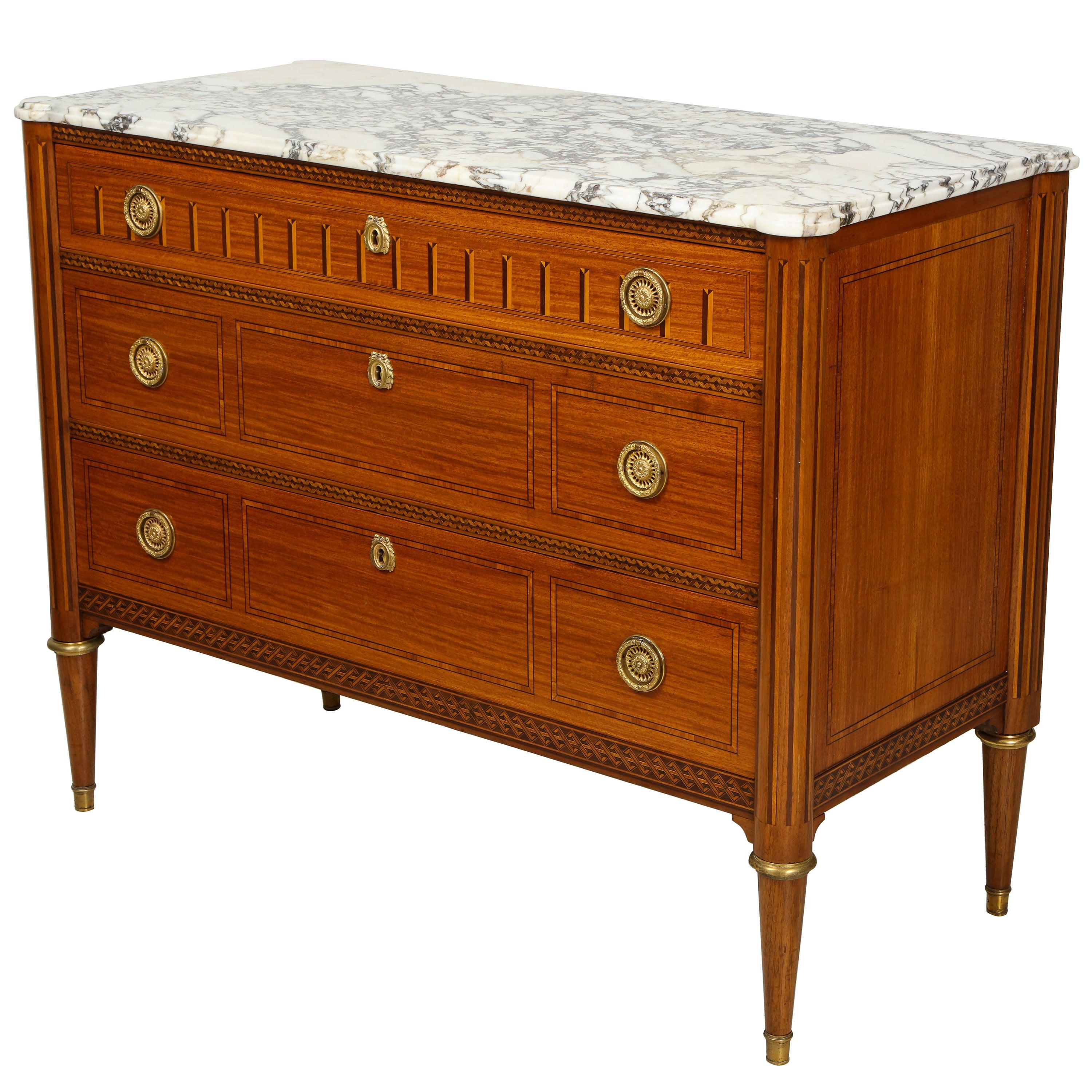 Antique Louis XVI Style Parquetry Commode with Marble Top