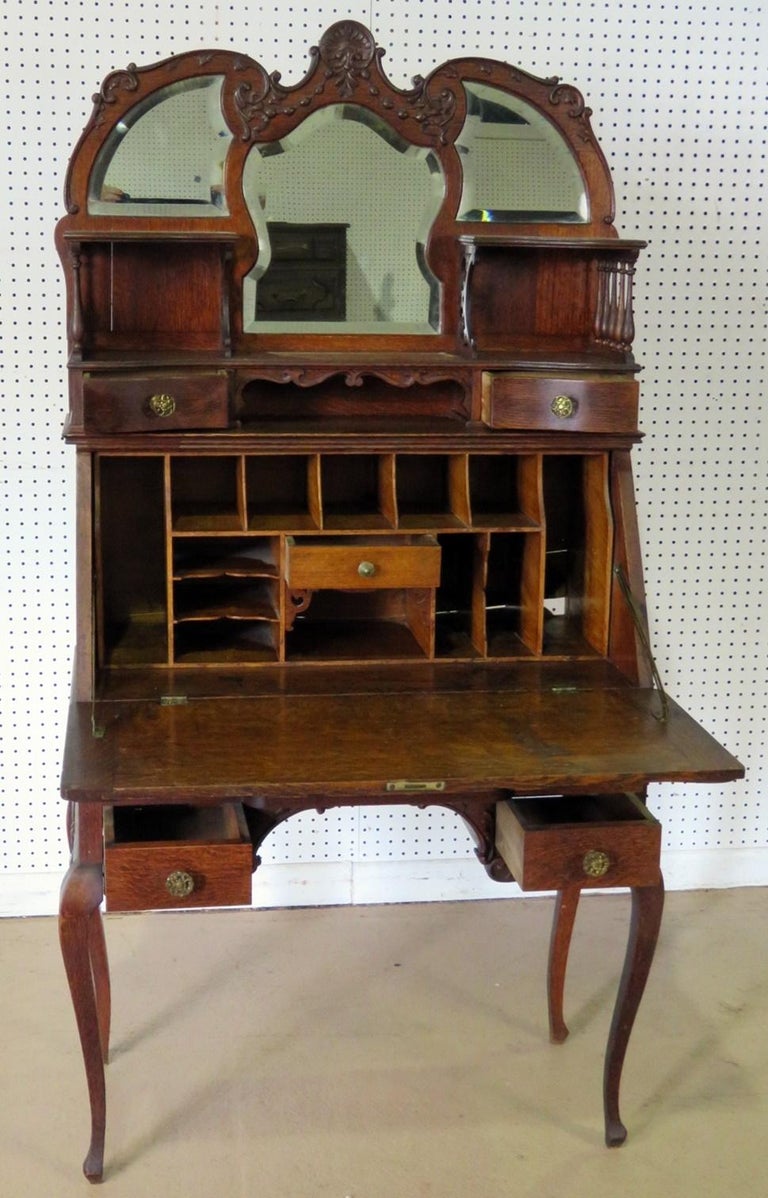 Antique Victorian Quarter Sawn Oak Secretary Desk with Mirrored