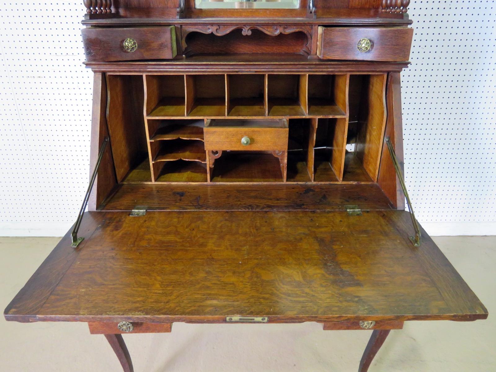 20th Century Antique Victorian Quarter Sawn Oak Secretary Desk with Mirrored Superstructure