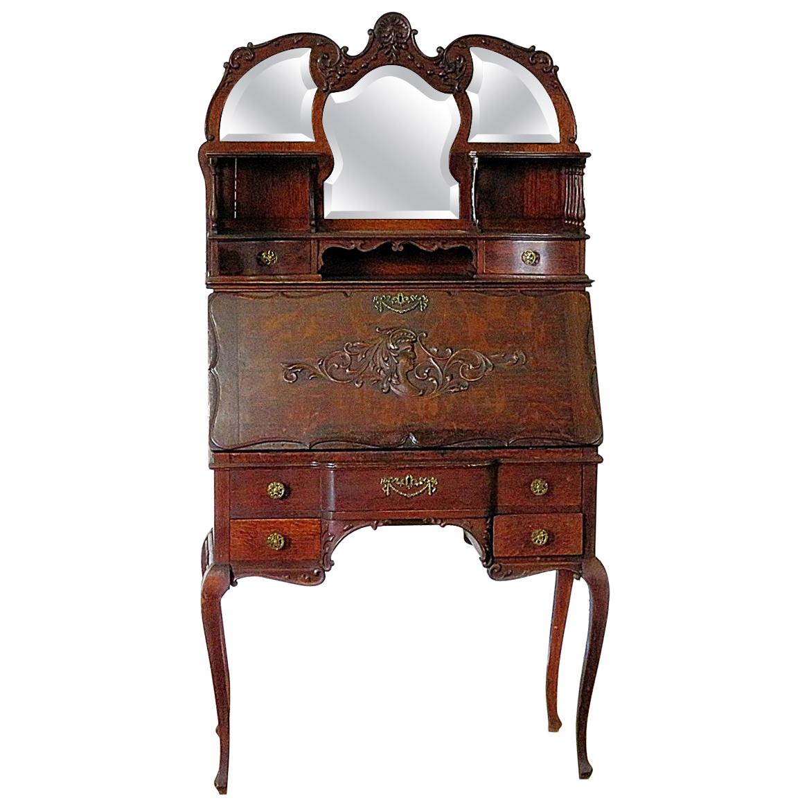 Antique Victorian Quarter Sawn Oak Secretary Desk with Mirrored Superstructure
