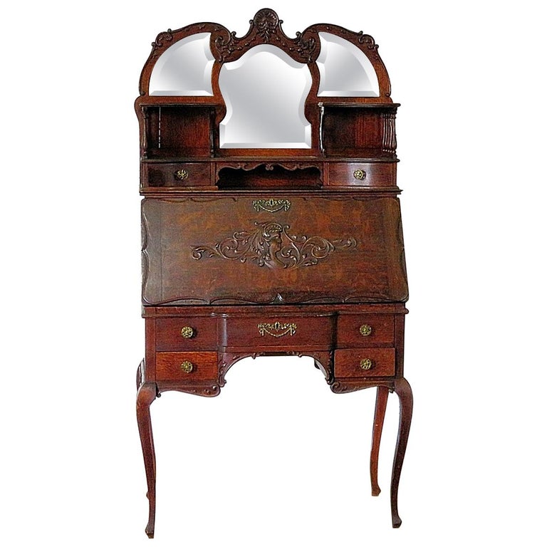 Antique Victorian Quarter Sawn Oak Secretary Desk With Mirrored