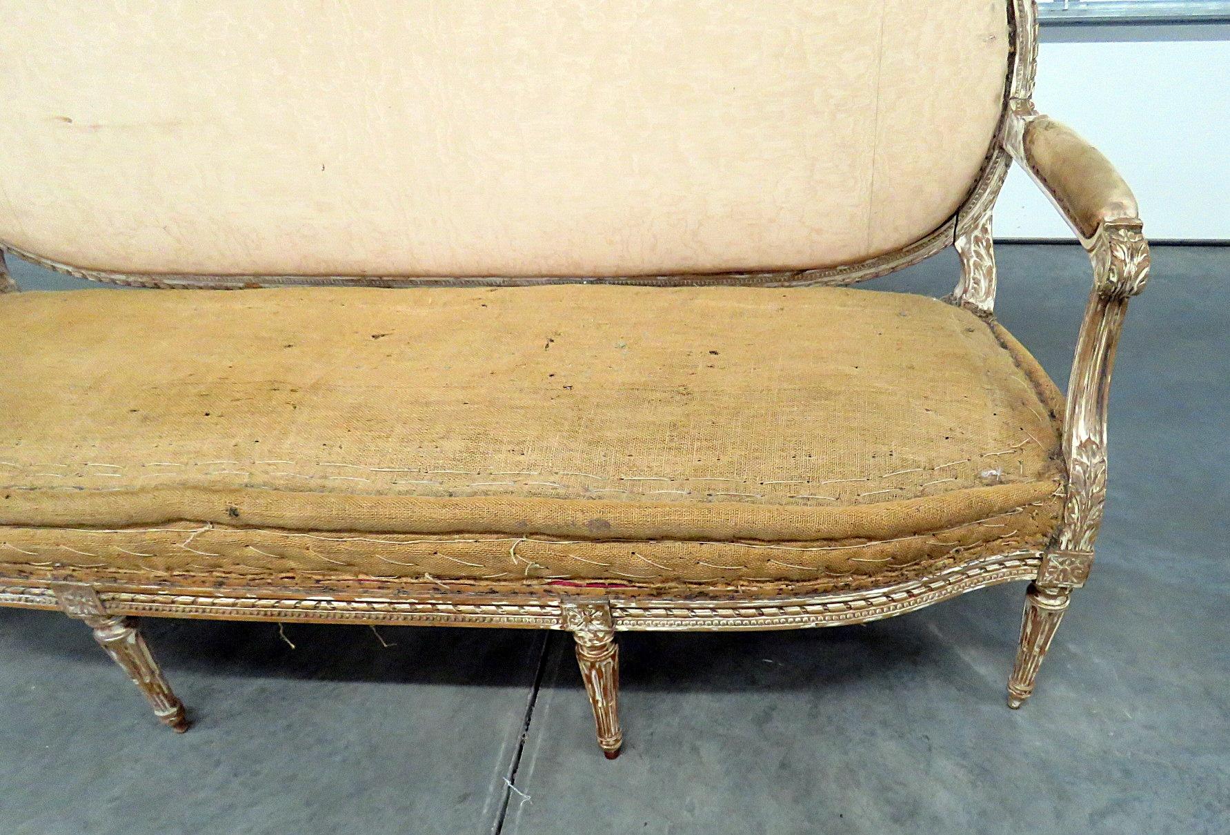 Antique Distressed Finish Antique Louis XVI Style Sofa Settee Canape In Fair Condition In Swedesboro, NJ