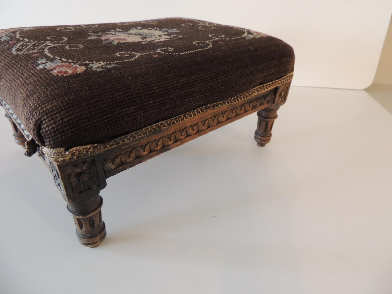 Hand-Crafted Antique Louis XVI Style Tapestry Upholstered Footstool