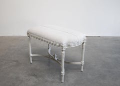 Antique Louis XVI Style Upholstered High Bench Ottoman with Antique Linen