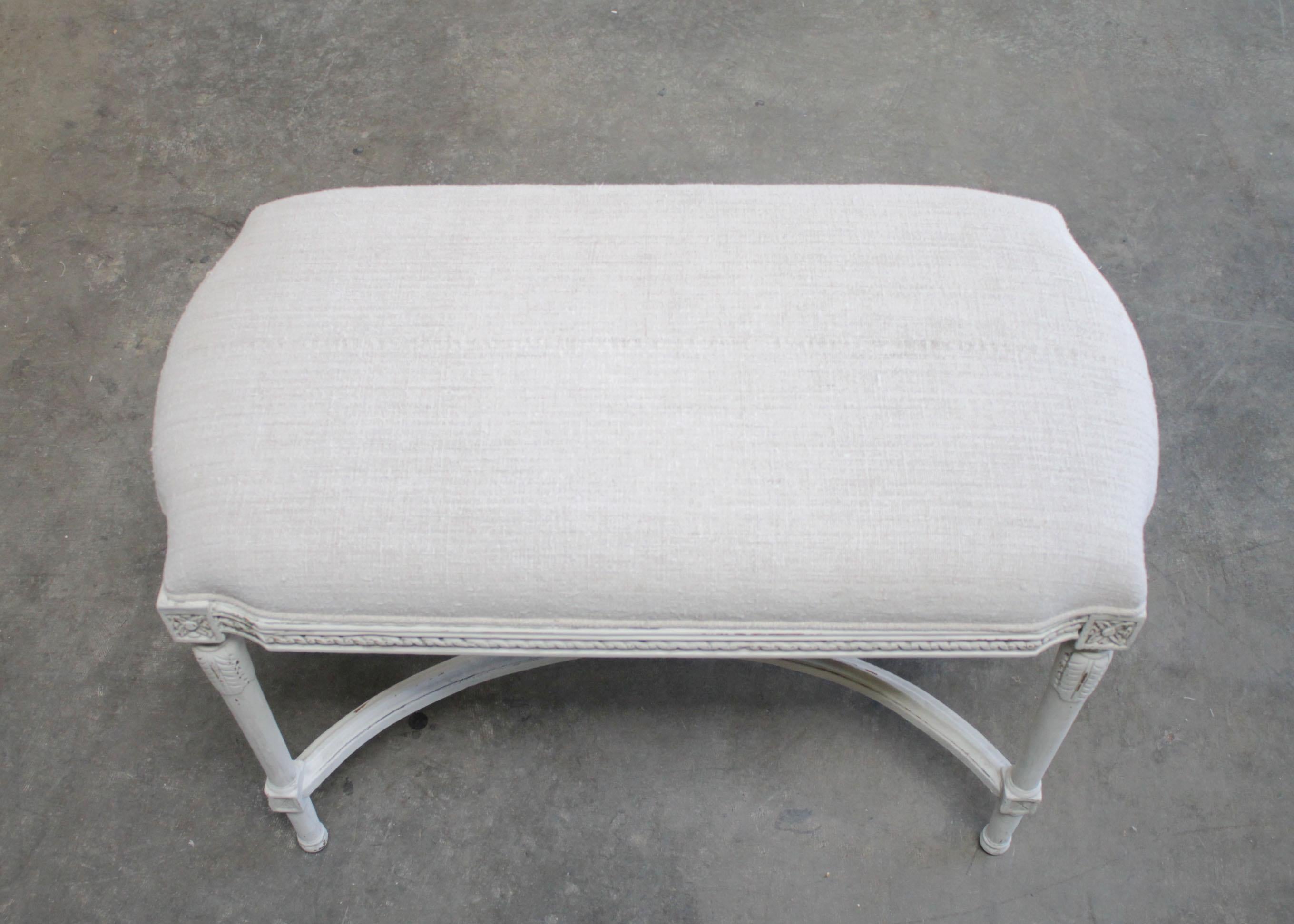 Antique Louis XVI Style Upholstered High Bench Ottoman with Antique Linen In Good Condition In Brea, CA