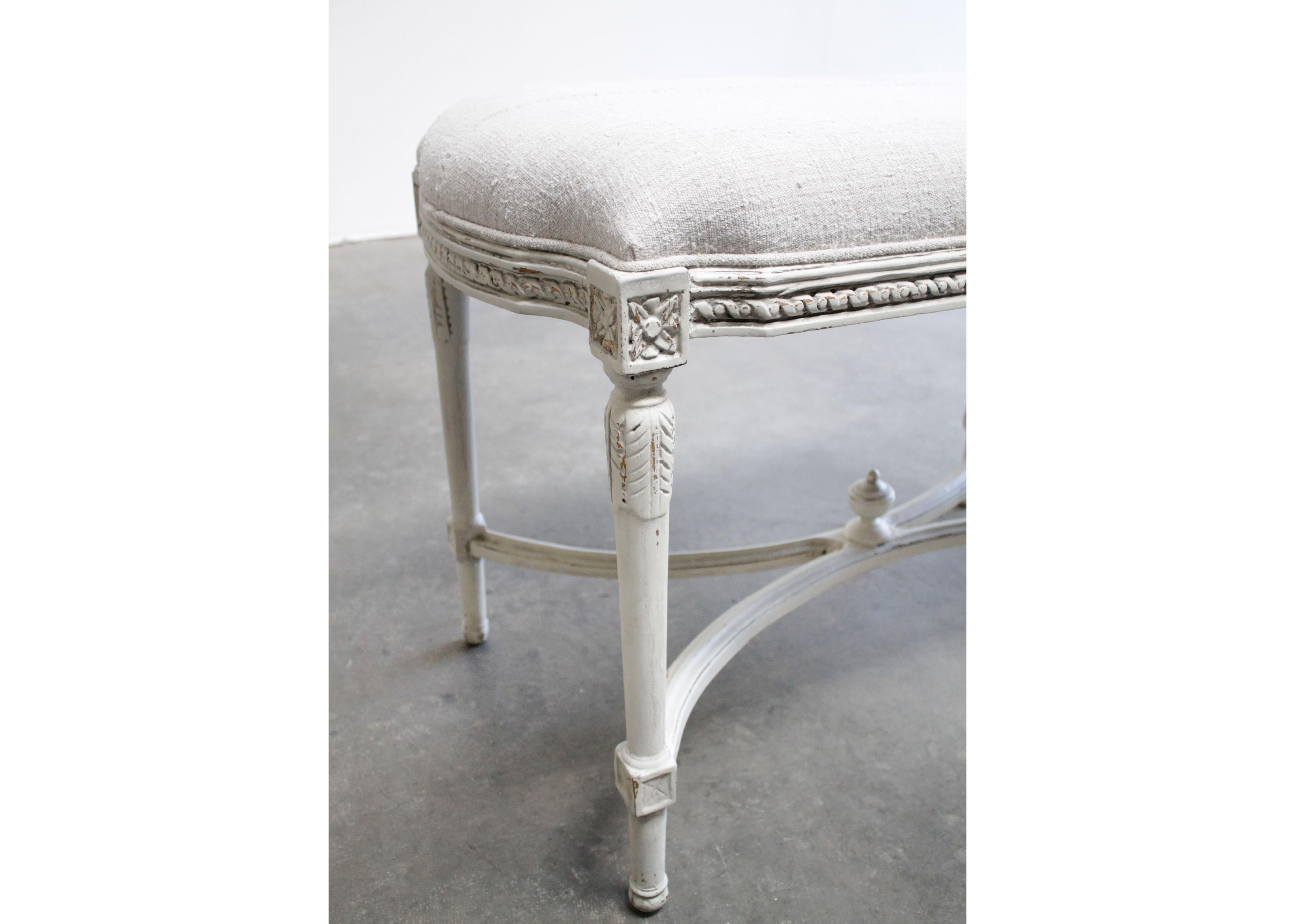 20th Century Antique Louis XVI Style Upholstered High Bench Ottoman with Antique Linen