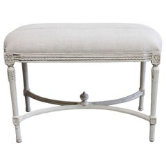 Antique Louis XVI Style Upholstered High Bench Ottoman with Antique Linen