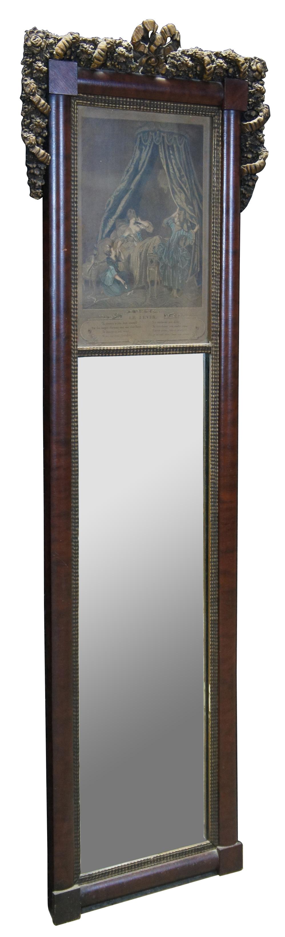 Antique Louis XVI mahogany trumeau wall mirror topped with a 1774 hand colored engraving titled “Le Lever” by Antoine Louis Romanet (1742-1810, French engraver and miniaturist) after Sigmund Freudenberger. “Sigmund Freudenberger (16 June 1745 – 15