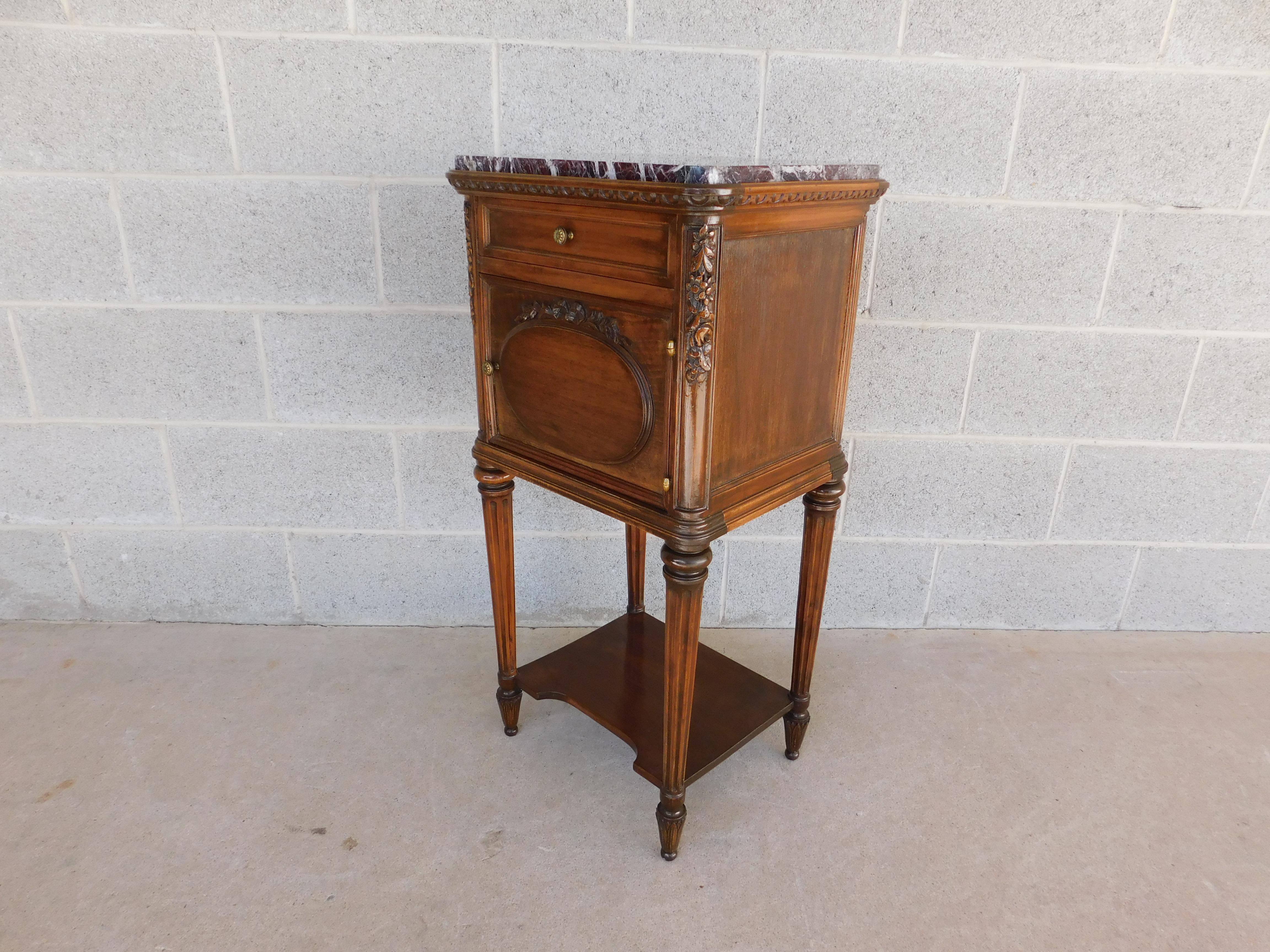 French Antique Louis XVI Walnut Marble Top Side Table For Sale