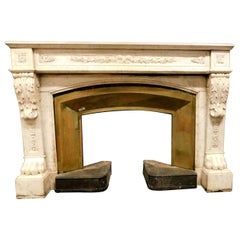 Antique Louis XVI White Marble Fireplace Original Brass Counter-Heart, 1700